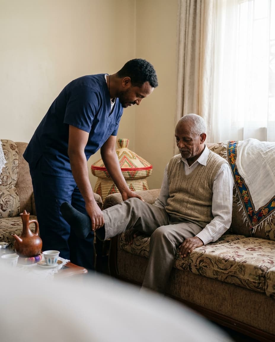 ባለሙያ በታካሚ ቤት ሕክምና ሲሰጥ